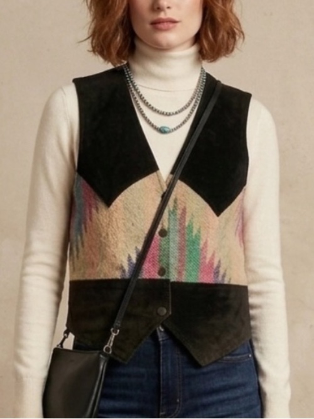 Western Vest Leather Southwestern Cowgirl Rodeo New Mexico Woven Navajo Sz Small